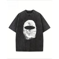 "Balaclava Fingerprint" Creative Pattern Printing Heavy 230g Pure Cotton Oversized Drop Shoulder T-shirt Washed T-shirt Men's Retro Street T-shirt Basic T-shirt Loose Hip-hop Unisex Top Acid Wash T-shirt