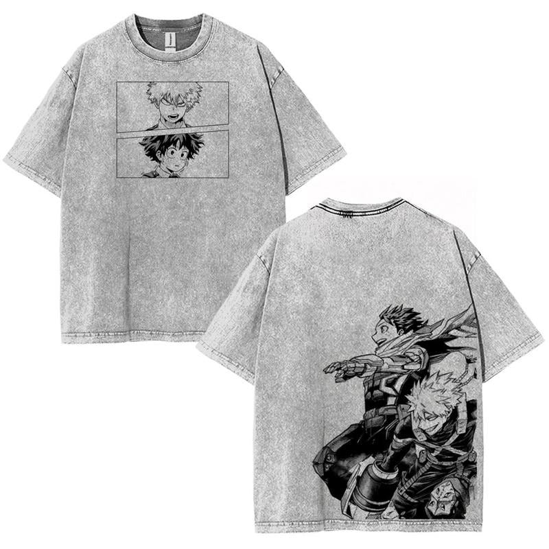 Deku & Bakugo Boku no Hero Academia Wash T-shirt Menswear Anime Double Printed Lightweight Acid Washed Tee Gift For Anime Merch Graphic Tee Unisex Vintage Movie T-shirt 90s Graphic Merch Feminist Stars and Stripes Streetwear Cotton Fabric casual streetwea