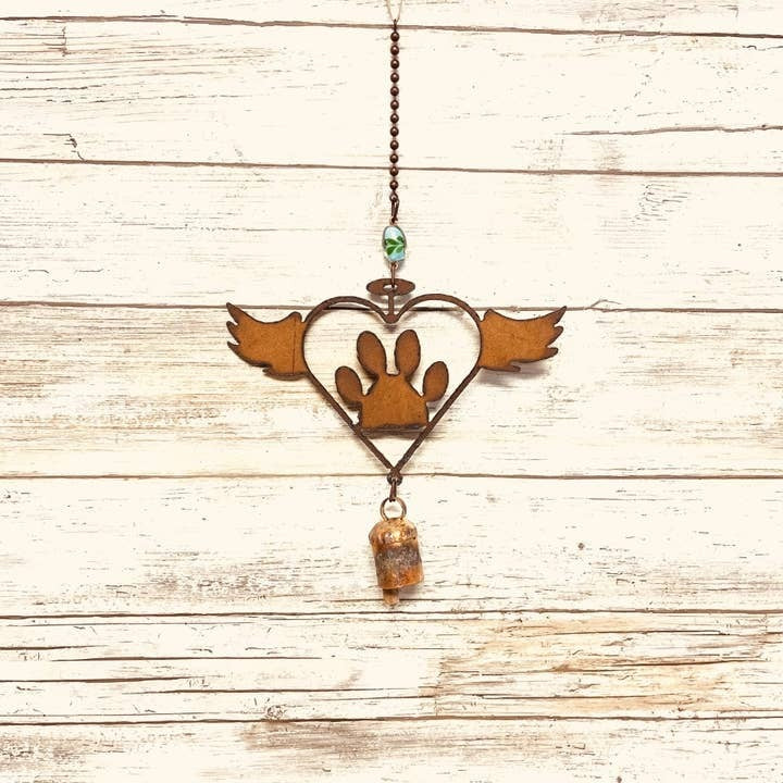 Flying Heart with Paw and Wings Single Rusty Metal Memorial Bell Chime