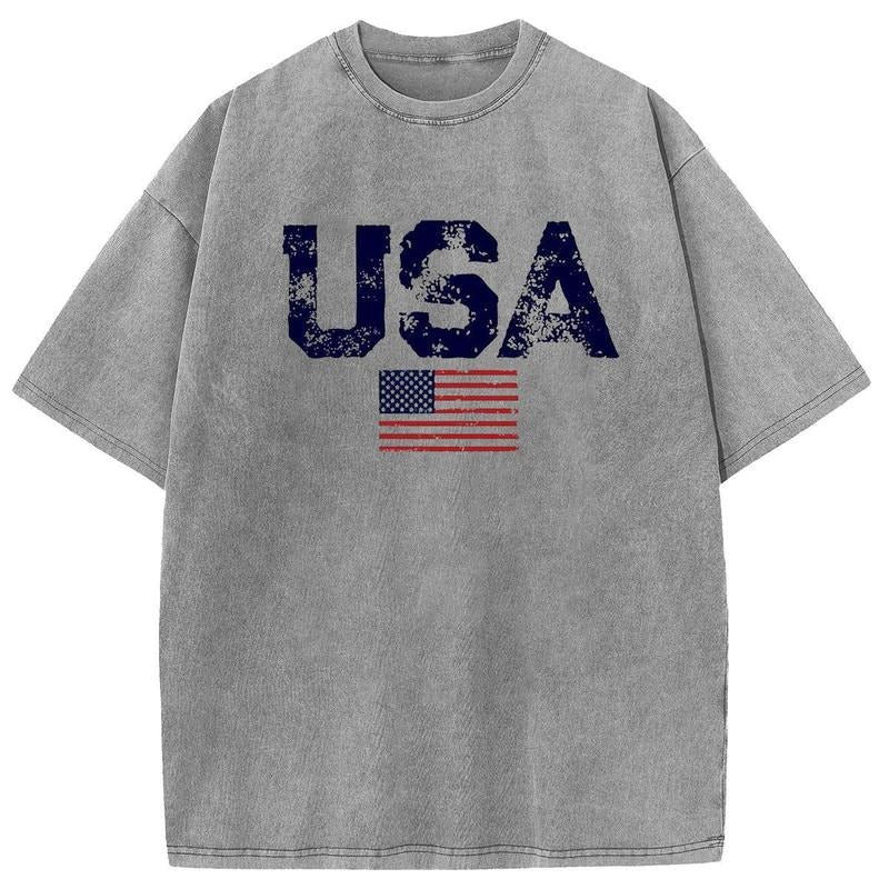 Holafish Acid Wash Shirts Oversized Half Short Sleeves Casual Women Letter USA Printed Graphic Tee Comfortable Fit Summer Womenswear Memorial Day Streetwear