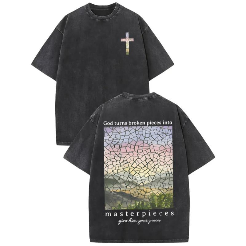 New Style Oversized Cotton God turns broken pieces into masterpieces Print Drop Shoulder T Shirts for Men Vintage Streetwear Basic Tees Baggy Hip Hop Unisex Tops Acid Wash